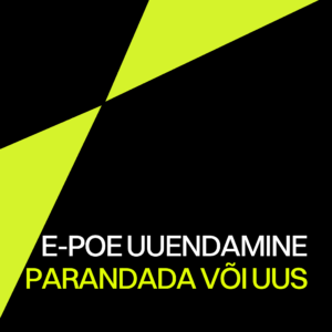 Marketing Sharksi blogi tunnuspilt: E-poe uuendamine, parandada või uus, mustal taustal kollased kolmnurgad